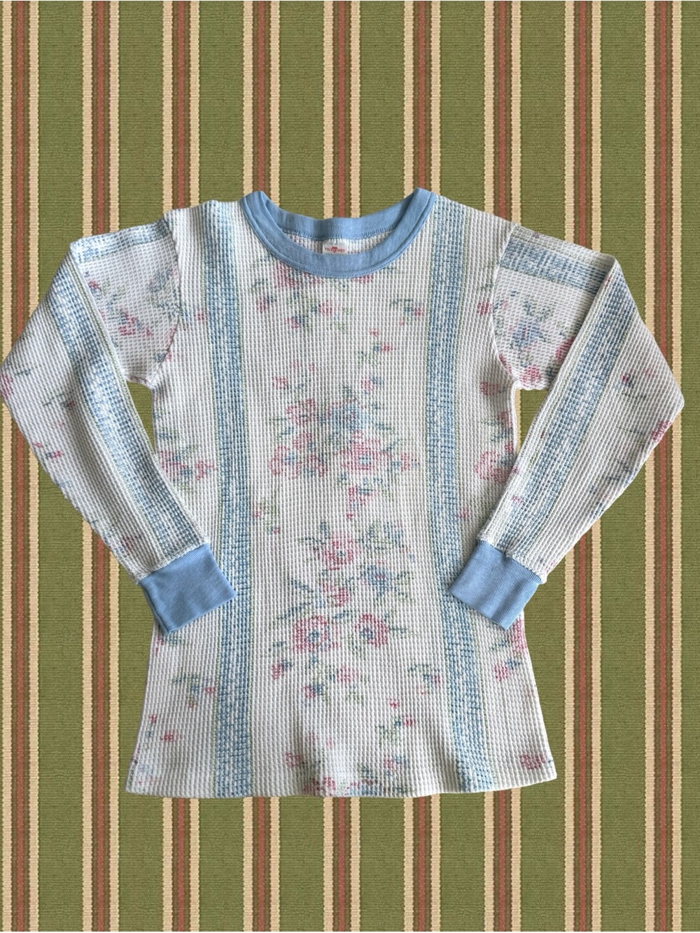 Light Blue Floral Waffle-Knit Long Sleeve Top